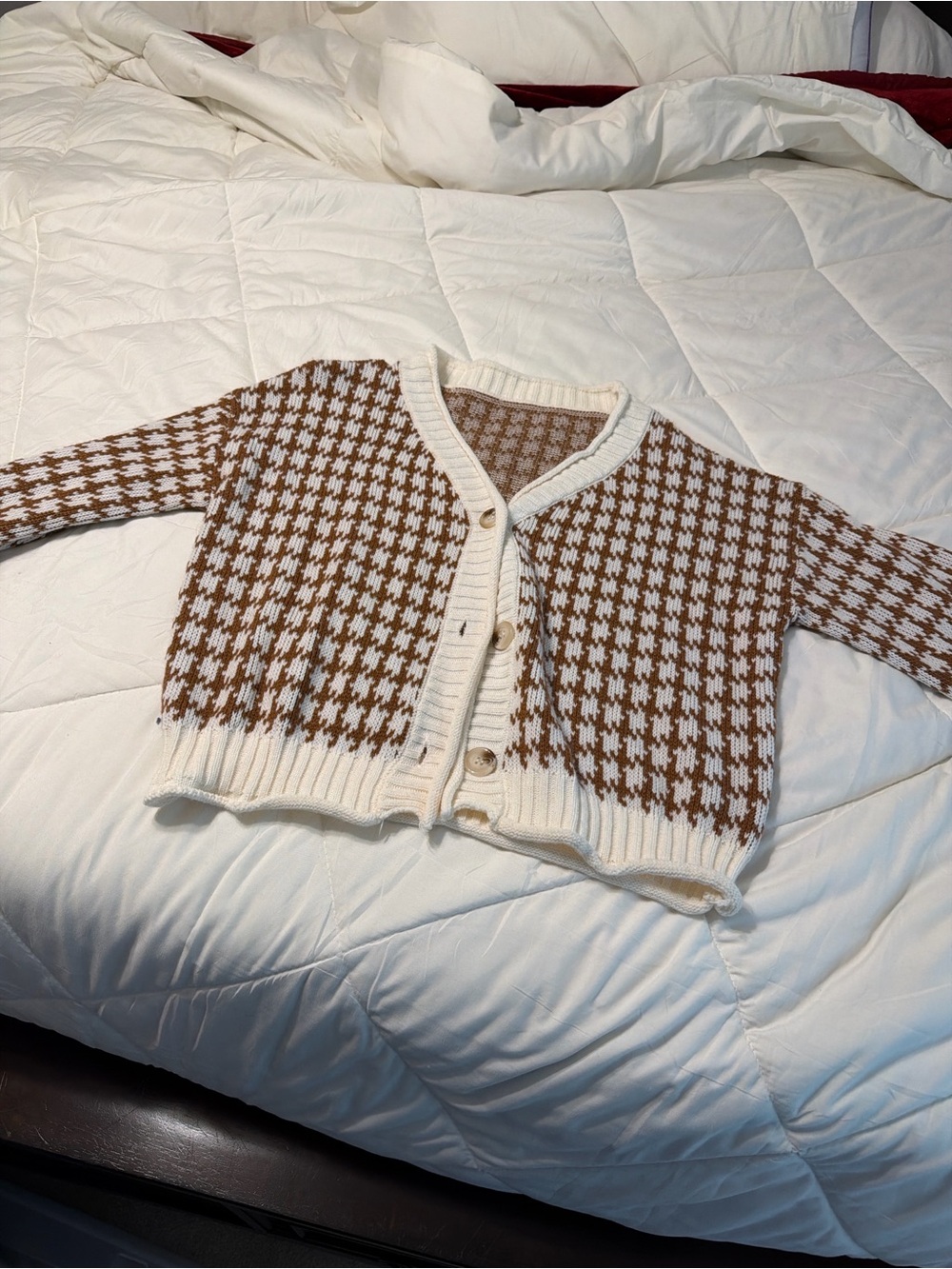 Cropped Houndstooth Knit Cardigan - Cream & Brown